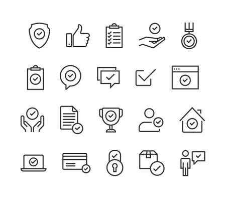 Set of vector line icons for web and mobile. Contains such Icons as Approved, Checklist, Verification and moreのイラスト素材