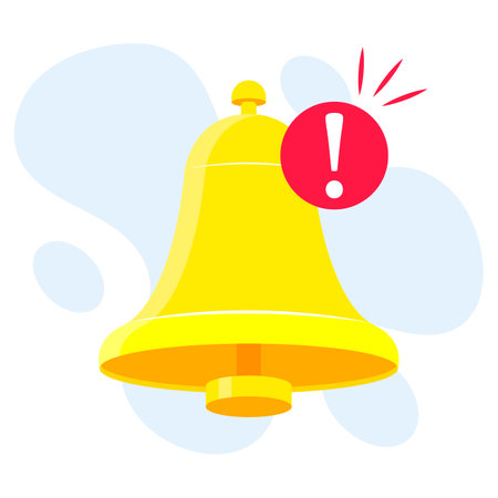 Bell with exclamation mark. Notification alert icon. Vector illustration.のイラスト素材