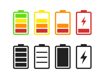 Battery charging icon set. Battery charge level indicator. Vector illustration.のイラスト素材
