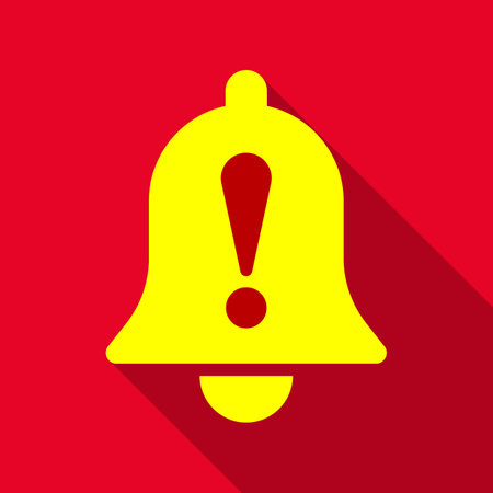 Bell icon with exclamation mark on red background. Vector illustration.のイラスト素材
