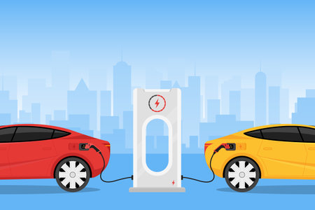 Electric car charging station and two cars on city background. Vector illustrationのイラスト素材