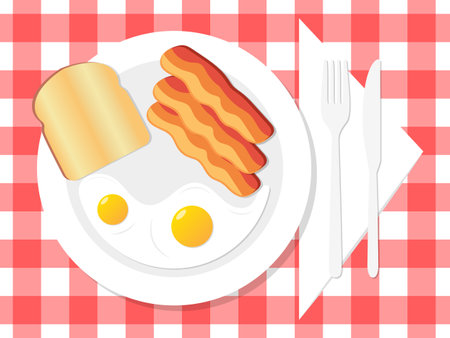 Breakfast with fried eggs and sausages. Vector illustration.のイラスト素材