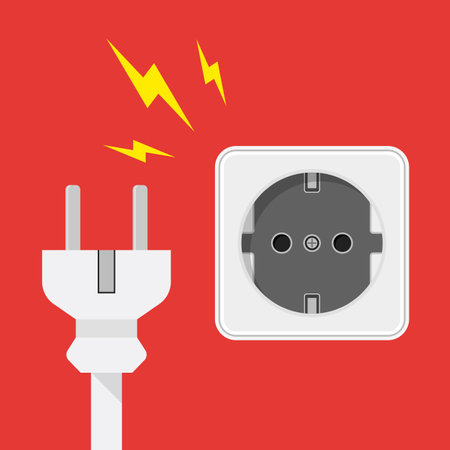 Electric plug and socket on red background. Vector illustration in flat style.のイラスト素材