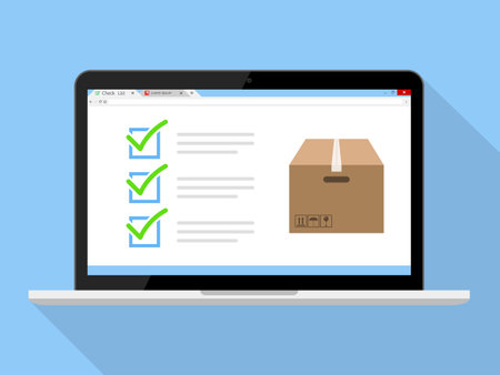Laptop with delivery box on screen. Vector illustration in flat styleのイラスト素材