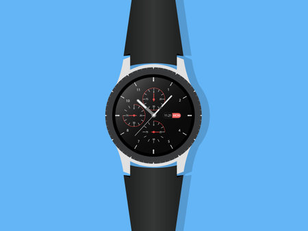 Wrist watch with a black strap on a blue background. Vector illustrationのイラスト素材