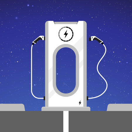 Electric car charging station in the night starry sky. Vector illustrationのイラスト素材