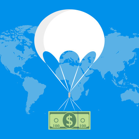 Dollars flying on a parachute. Vector illustration isolated on blue background.のイラスト素材