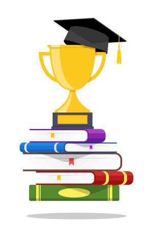 Graduation cap on a stack of books and a trophy. Vector illustrationのイラスト素材