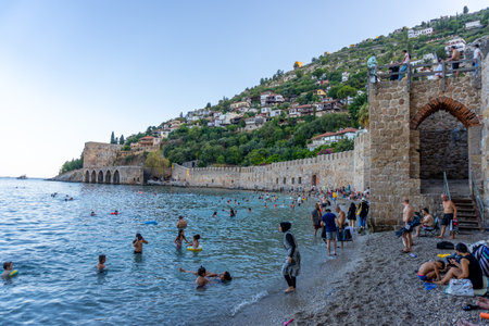 Alanya at sunset with a view into old port Red towerのeditorial素材