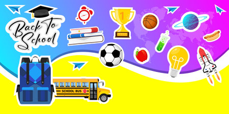Back to school banner Colorful back to school templates for invitation, poster, banner, promotion,sale School supplies cartoon illustration. Vector back to school design templatesのイラスト素材