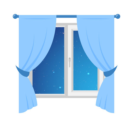 Night out the window icon with blue curtains vectorのイラスト素材