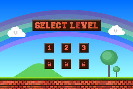Arcade adventure game level select screen with grass terrain, sky, clouds, buttons with numbers, locks and select level bar vectorのイラスト素材