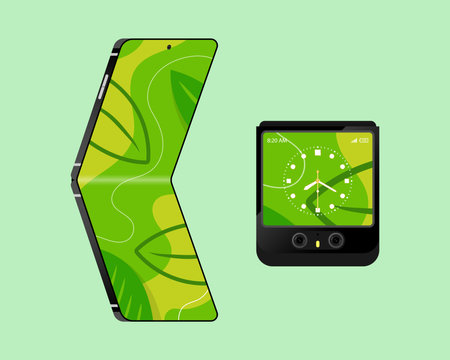 Flip smartphone concept bendable screen Flexible smartphone folds in middle of screen like a flip phone vector illustration