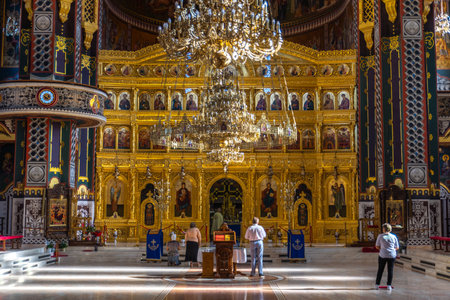 Arad Arad Romania - October 01 2023:  Inside in the orthodox Holy Trinity cathedral from city Arad,...