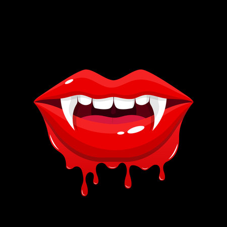 Sexy female lips with dripping blood. Vector illustration isolated on black background.のイラスト素材