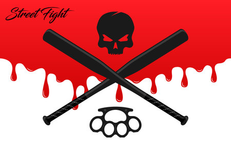 Crossed baseball bats and skull on blood background. Vector illustration.のイラスト素材