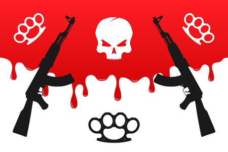 Vector illustration of a bloody crime scene with a skull, guns and bonesのイラスト素材