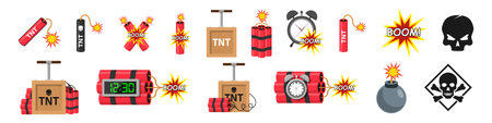 Bomb and dynamite icon set. Flat set of bomb and dynamite vector icons for web designのイラスト素材