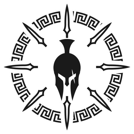 Spartan helmet on the background of the Greek pattern. Vector illustrationのイラスト素材