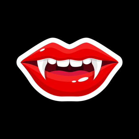 Vector illustration of red female lips with white teeth isolated on black background.のイラスト素材