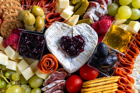 Cheese platter with ham, salami, cheese, olives and grapesの写真素材