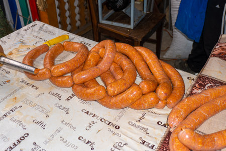 Traditional Romanian sausages for sale at the fair in Romania.の写真素材
