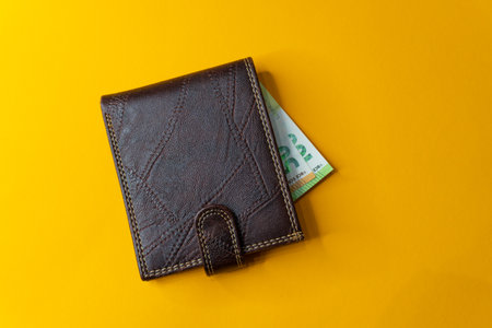 Leather wallet with money on a yellow background. Selective focus.
