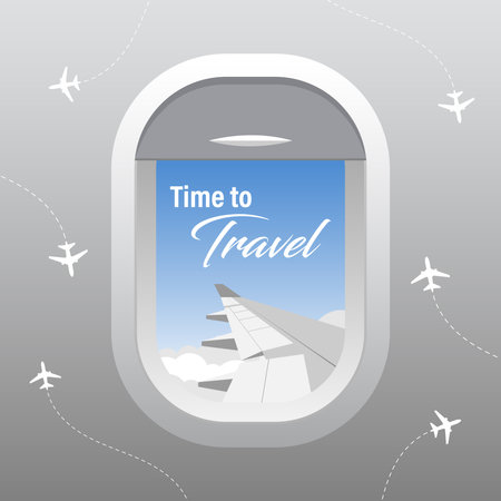 Airplane window with text Time to travel. Vector illustration in flat styleのイラスト素材