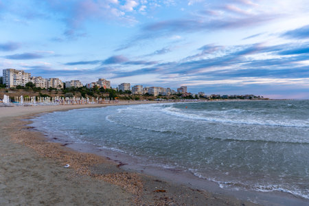 Black Sea Modern Beach on a sunny day with a blue sky,Constanta beach at Black Sea,panoramic view Constanta Romaniaの写真素材