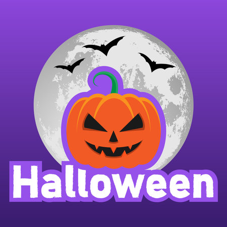 Halloween vector illustration with pumpkin, bats and moon on purple background.のイラスト素材