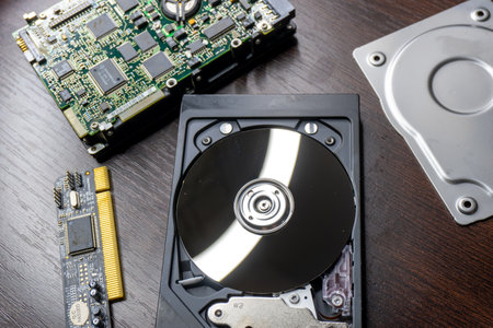 Disassembled hard drive from the computer on a wooden background close upの写真素材
