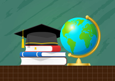 Graduation cap, globe and books. Education concept. Vector illustrationのイラスト素材