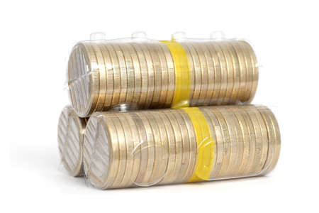 3 coin packs of one euro lateral on white backgroundの写真素材