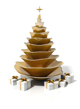 Golden steel christmas tree with a star and gift boxes in a white isolated background の写真素材