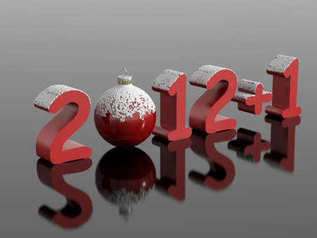 New year 2012 1  2013  in snowy numbers with a christmas ball on a reflective black surfaceの写真素材
