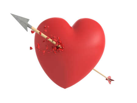 Smitten heart in love at first sight with a wooden arrow shedding little hearts in an isolated white...