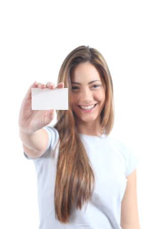 Beautiful woman showing  a blank card on a white isolated background                 の写真素材
