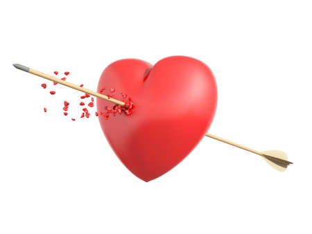 Smitten heart with a wooden arrow shedding little hearts in an isolated white backgroundの写真素材