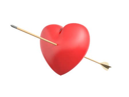 Smitten heart with a wooden arrow in an isolated white backgroundの写真素材