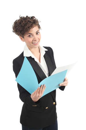 Beautiful and modern businesswoman reading a report from a blue folder on a white isolated backgroundの写真素材