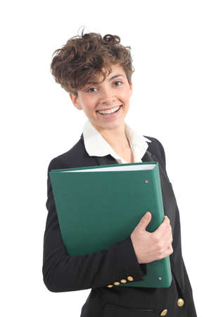 Beautiful and modern businesswoman holding a green folder on a white isolated backgroundの写真素材