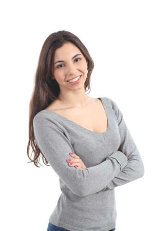 Beautiful woman smiling and posing on a white isolated backgroundの写真素材