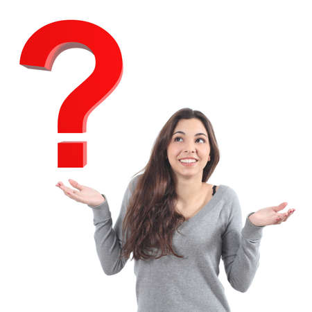 Woman with a doubt watching a 3d query on a white isolated backgroundの写真素材