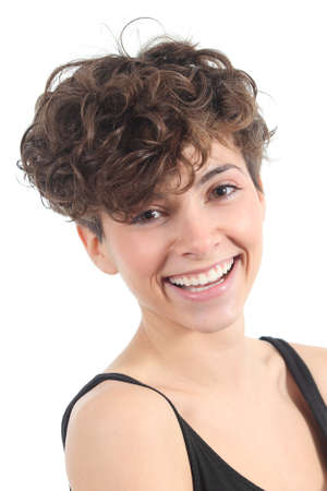 Beautiful woman with an amazing smile on a white isolated backgroundの写真素材