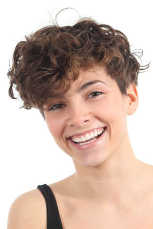 Beautiful woman with a perfect smile on a white isolated backgroundの写真素材