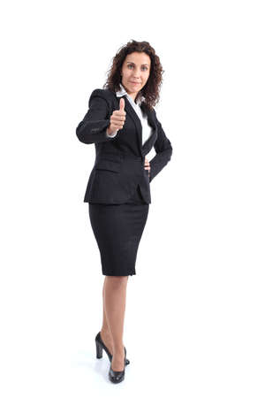 Beautiful mature businesswoman with thumb up on a white isolated の写真素材