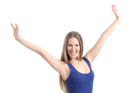 Happy beautiful girl with her arms raised isolated on a white backgroundの写真素材