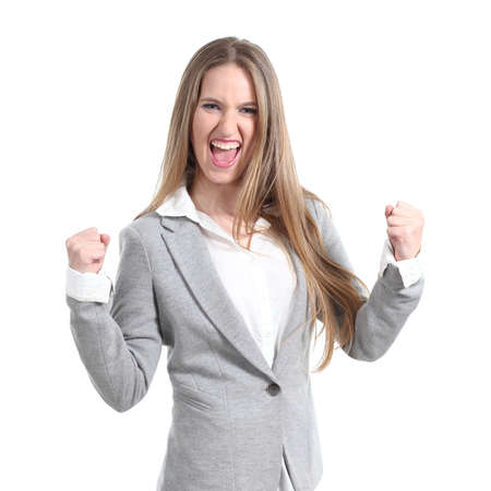Euphoric and young businesswoman on a white isolated background                の写真素材