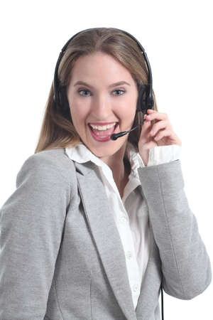 Beautiful and happy phone operator woman isolated on a white background                の写真素材