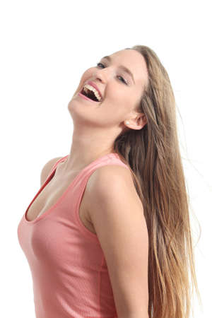 Happy blonde woman laughing isolated on a white background               の写真素材